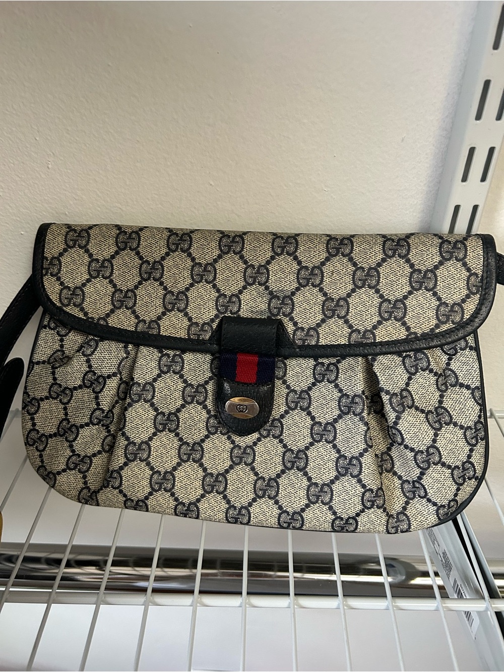 Gucci Beige and Black GG Canvas Shoulder Bag with Red/Blue Web Accent